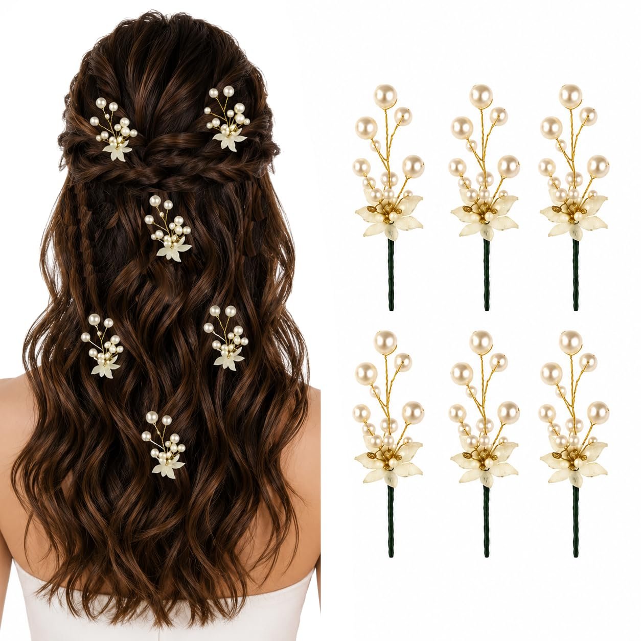 Hair Flare 2207 Pearl Artificial Bridal Wedding/hair flower accessories For Women’s/gajra/Juda Pin/Juda Bun/Hair Clip/artificial flowers For hair / – Pack Of 6, White And Golden