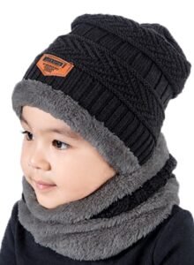 2Pcs Kids Winter Knitted Hats+Scarf Set Warm Fleece Lining Cap for 5-14 Year Old Boys Girls Black