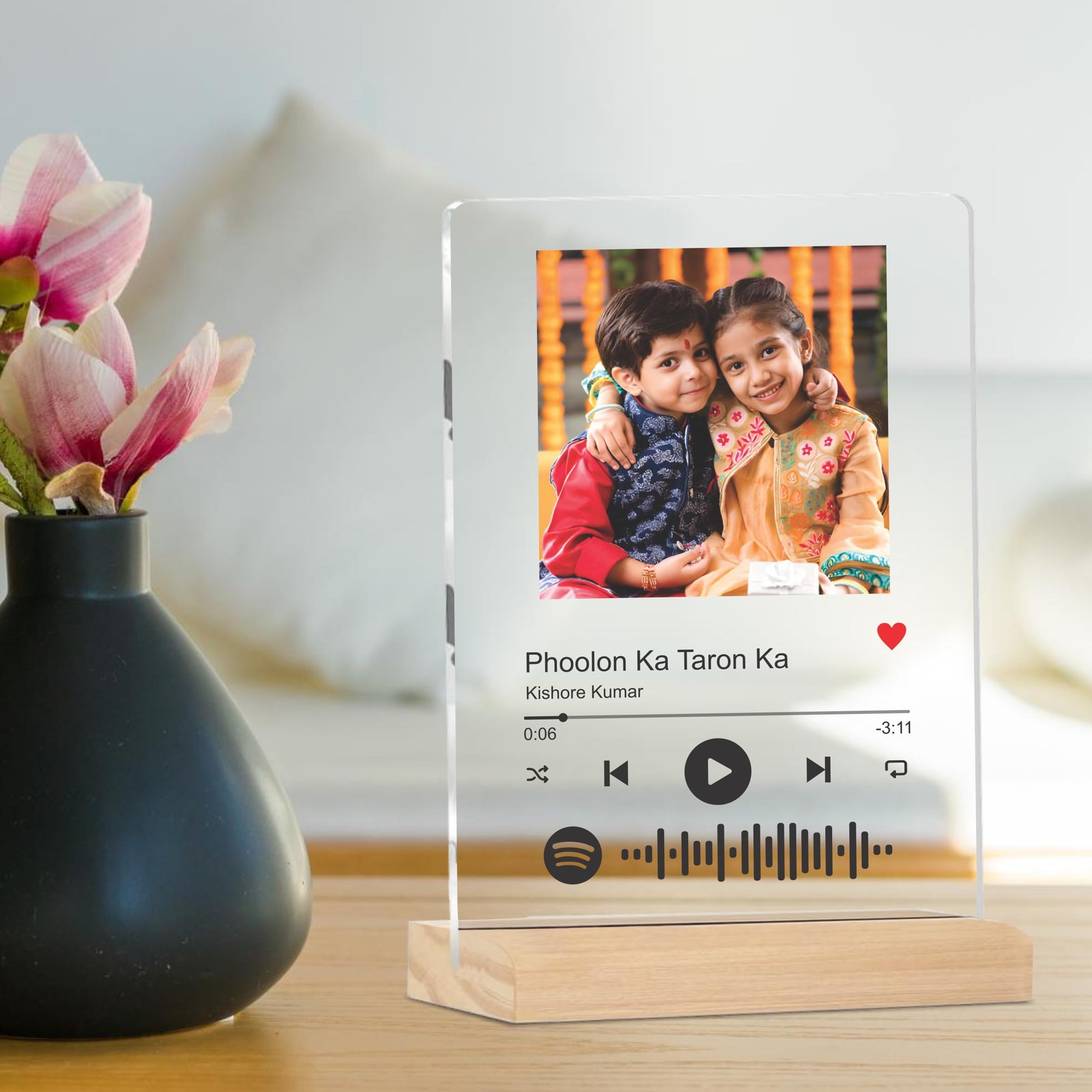 Giftplease Personalized Spotify Photo Frame with Scannable Song Code | Custom Acrylic Music Plaque with Wooden Stand | Spotify Gift for Couples, Friends, Birthday, Anniversary | 6 x 9 Inch