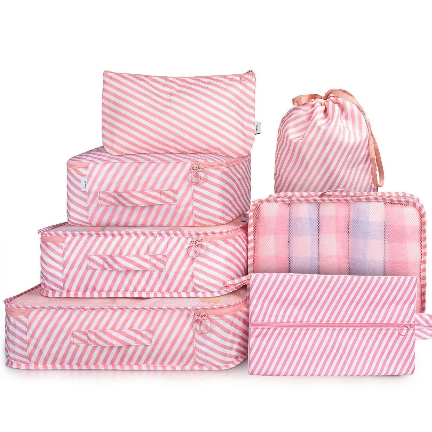 House of Quirk Nylon 7 Set Travel Organizer Bag 3 Packing Cubes + 3 Pouches + 1 Toiletry Organizer Bag, (Pink Stripes), 31 Centimeters
