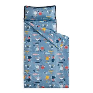 Wake In Cloud – Toddler Nap Mat with Pillow and Blanket, 100% Cotton Fabric, for Kids Boys Girls in Daycare Kindergarten Preschool, Sea Marine Creatures on Dark Blue