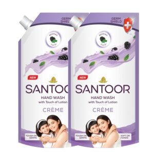 Santoor Crème Handwash 600ml, Pack of 2 with Touch of Lotion| Made with Berries & Tulsi| Rich Lathering Formula with Anti-Bacterial Properties| Soft on Hands| Soothes & Hydrates Skin
