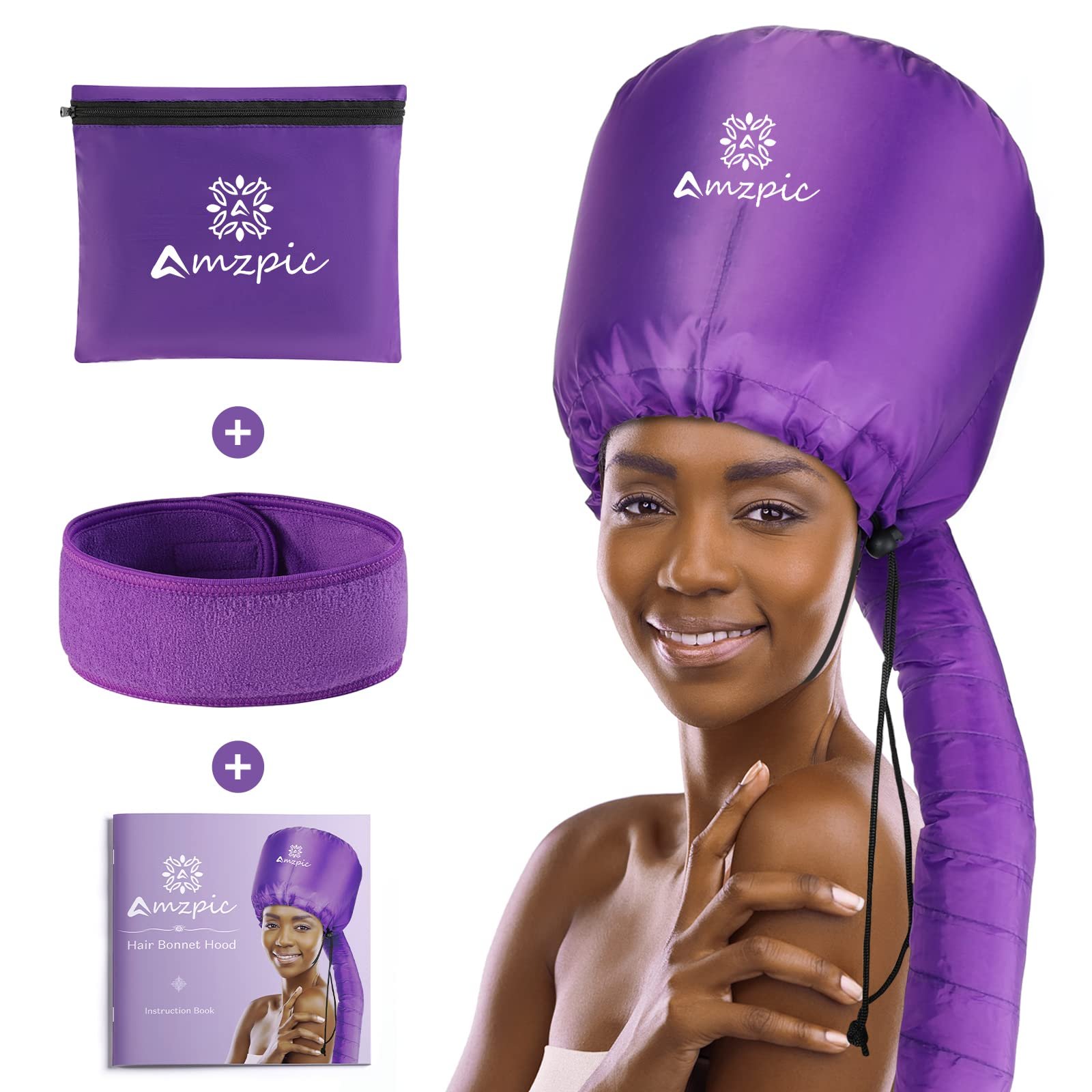 Bonnet Hood Hair Dryer Attachment – Soft, Adjustable Extra Large Bonnet Hair Dryer for Speeds Up Drying Time at Home, Easy to Use for Styling, Curling and Deep Conditioning (Purple)