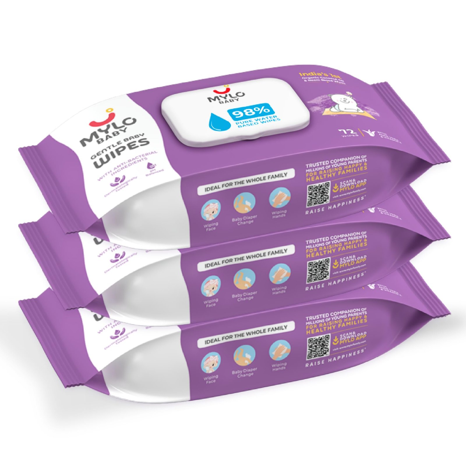 Mylo Baby Gentle Baby Wipes with Lid (72 Wipes, Pack of 3)