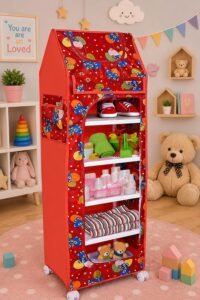 YouCopia Baby Wardrobe Plastic Kids Storage Rack with Fabric Cover & Wheels | 6-Tier Plastic Shelves Organizer | Toy, Book & Clothes Storage Cabinet for Kids Room