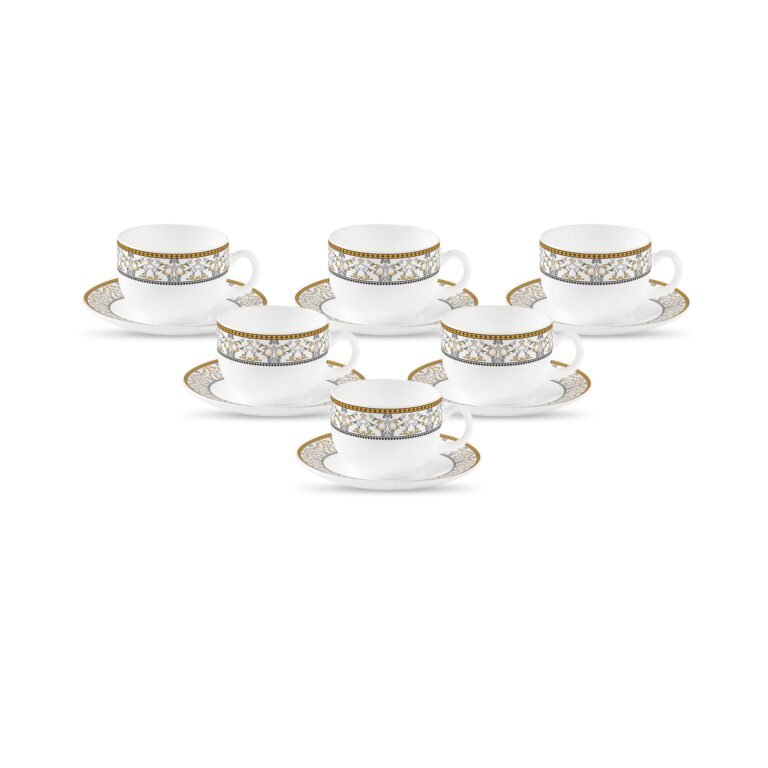 La Opala Diva, Sovrana Collection Opal Glass Crockery | Cup & Saucer, Set of 12 | Moroccan Gold, 160 ml | for Tea & Coffee | Microwave Safe | 100% Vegetarian | Extra Strong | Super Light | Super White
