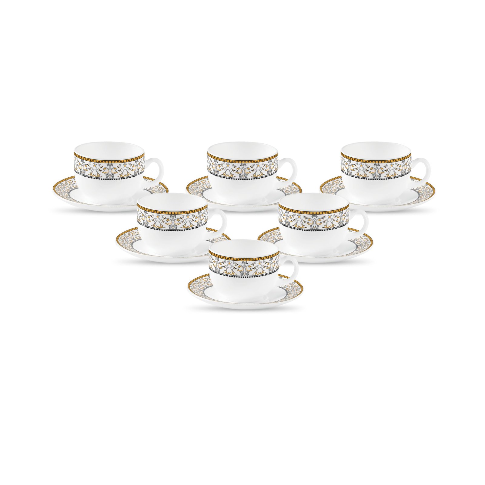 La Opala Diva, Sovrana Collection Opal Glass Crockery | Cup & Saucer, Set of 12 | Moroccan Gold, 160 ml | for Tea & Coffee | Microwave Safe | 100% Vegetarian | Extra Strong | Super Light | Super White