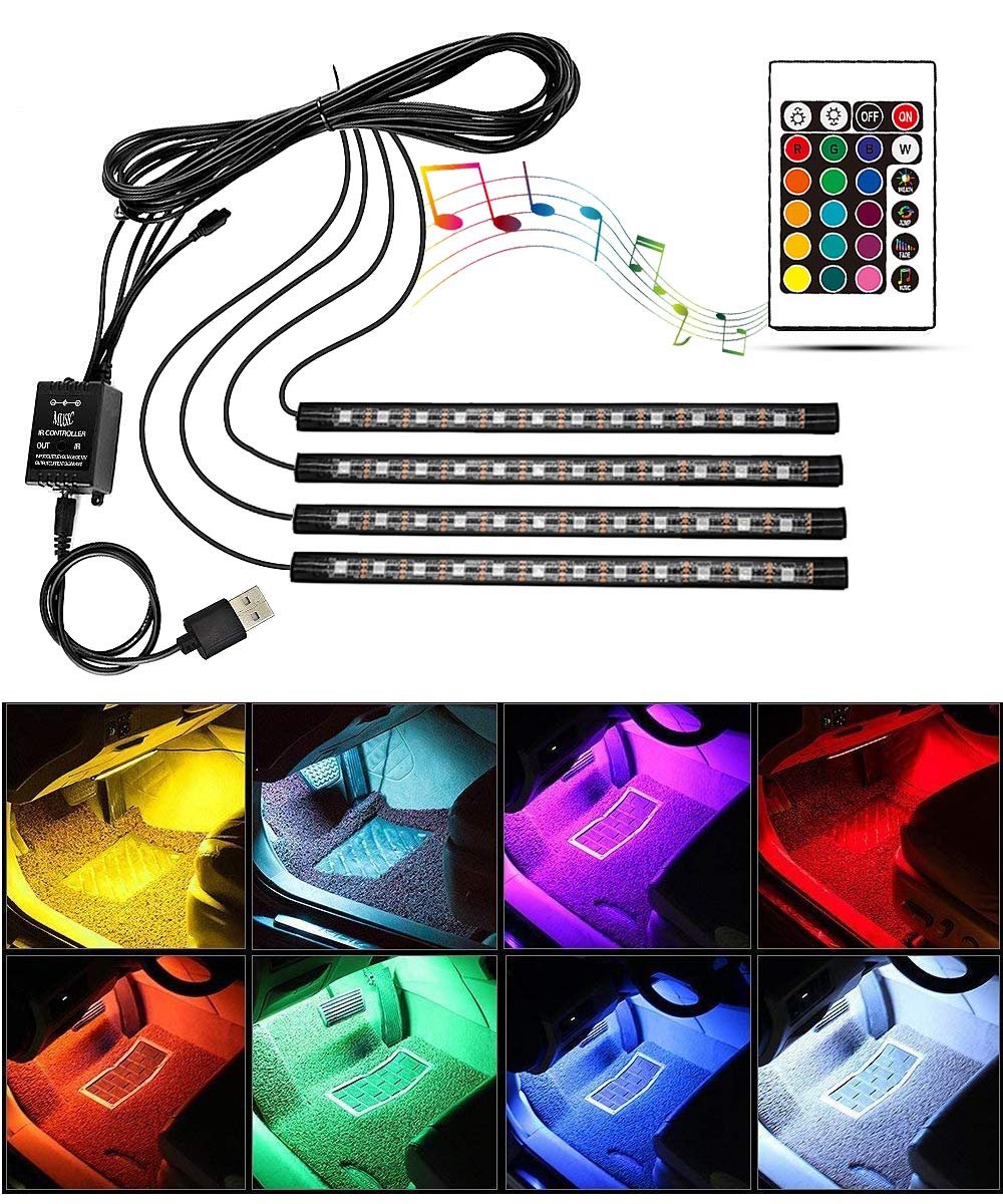 4 in 1 Waterproof RGB LED Strip Light for Car Interior Sound Activation Remote Control