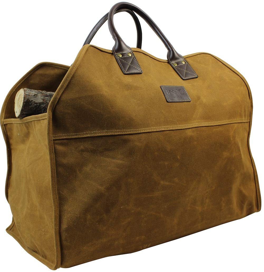 INNO STAGE Heavy Duty Wax Canvas Log Carrier Tote,Large Fire Wood Bag,Durable Firewood Holder,Fireplace Wood Stove Accessories Storage Bag – Rust
