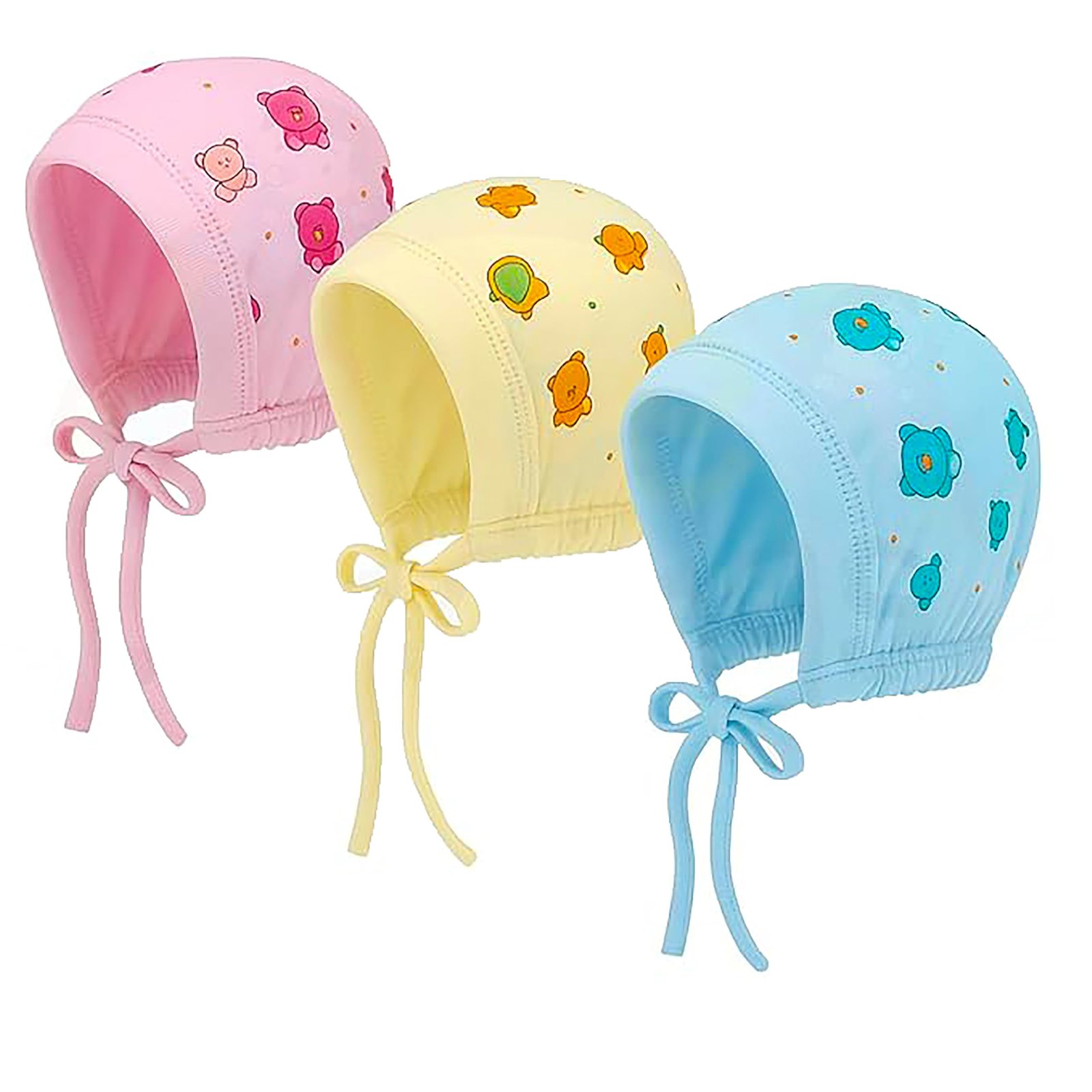 Baby Cap 0-3/3-6/6-9/9-12/12-18 & 18-24 Months New Born Baby Girls & Boys Finest Hosiery Cotton Cap Soft Fabric Double Layer Tie Knot Unisex Kids Cap Set/Infant/Hat/Toppi/Kan Topi/Clothes (Pack of 3)