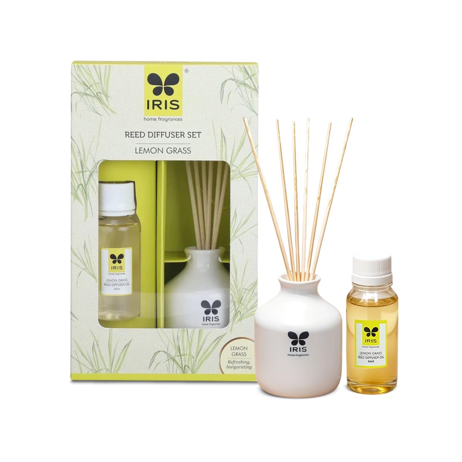 IRIS Home Fragrance,60Ml Lemon Grass Reed Diffuser Set |Free 6 Reeds Sticks of 7.5″|Stress Relief & Aromatherapy |Long-Lasting,Smoke-Free Air Freshener for Home,Bedroom and Office | Ideal for Gifting