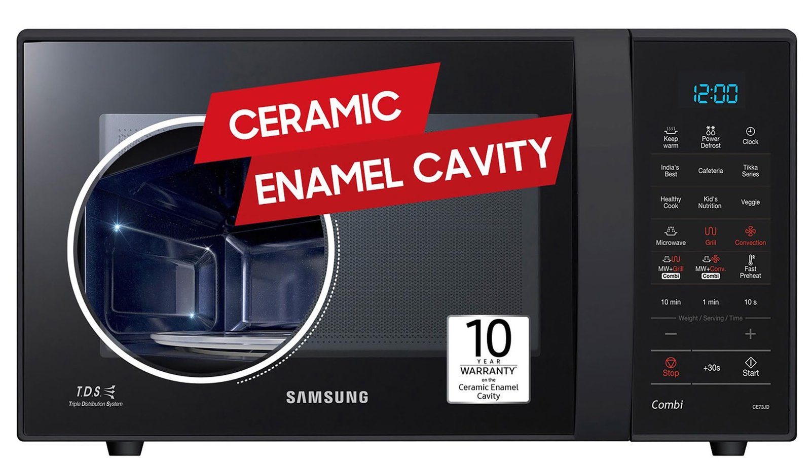 Samsung 21 L, Convection Microwave Oven (CE73JD-B1/XTL, Black, Various Cooking Modes, Pre heat, Eco Mode, Power Defrost, Auto Cook, Wire Rack, Ceramic Enamel Cavity with 10 year warranty)
