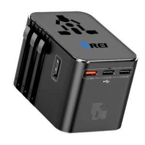 Orei 45Watt Universal Charger Adapter | 3X USBC 2XUSB A – 6-in-1 International Travel Adapter | Universal Travel Adapter Compatible 150+ Countries | Type C, A, G, I Compatible, Black