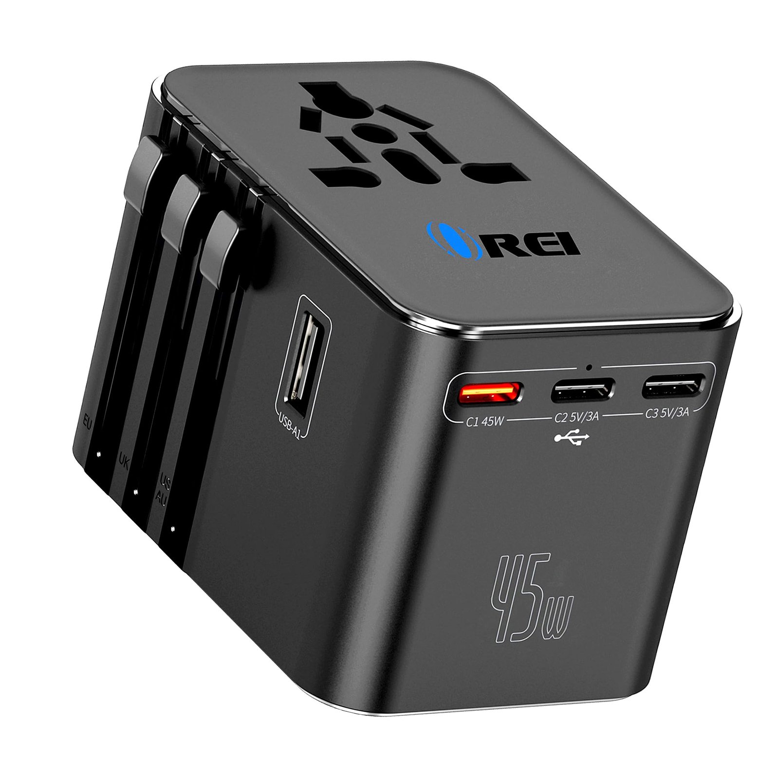 Orei 45Watt Universal Charger Adapter | 3X USBC 2XUSB A – 6-in-1 International Travel Adapter | Universal Travel Adapter Compatible 150+ Countries | Type C, A, G, I Compatible, Black