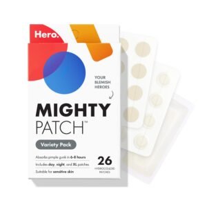 Mighty Patch Variety Pack from Hero Cosmetics – Hydrocolloid Acne Pimple Patches for Covering Zits and Blemishes, Spot Stickers for Face and Skin, Vegan-friendly and Not Tested on Animals (26 Count)