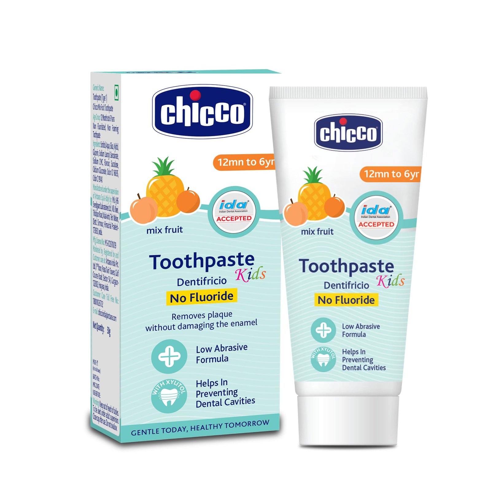 Chicco Toothpaste for Kids Mix Fruit Flavour 50g (1-6 Years) | Fluoride-Free & Low Abrasive | Removes Plaque, Helps Prevent Cavities | IDA Accepted