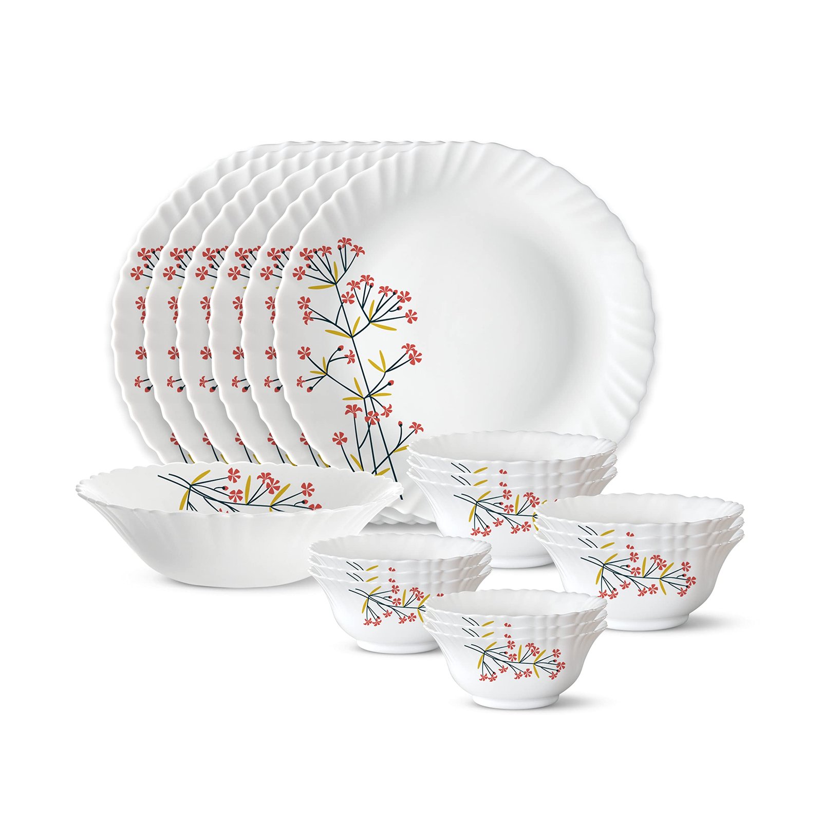 Larah by Borosil 19 Pieces Red Bud Opalware Dinner Set for Family of 6
