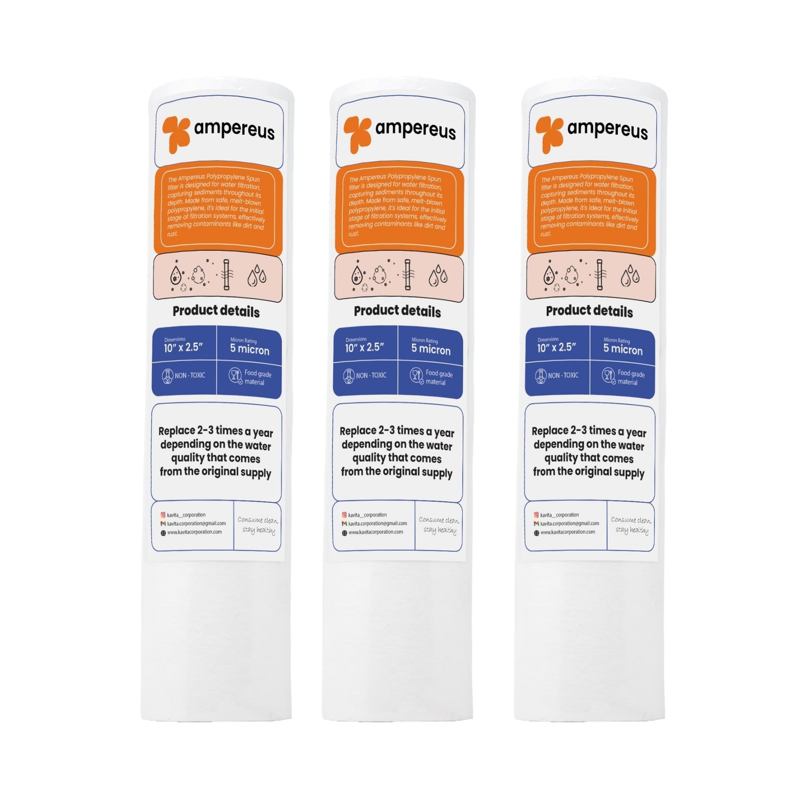 AMPEREUS Heavy Pre Filter Cartridge for Water Purifier | Durable Water Filter Cartridge Compatible with RO/UV Systems | High Efficiency Candles for Clean & Safe (Pack of 3)
