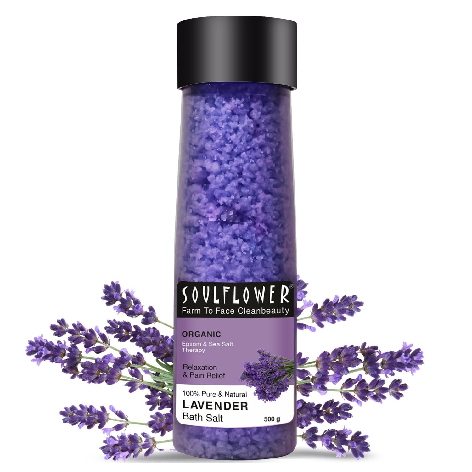 Soulflower Epsom Lavender Bath Salt for Body & Foot Spa, Calming, Relaxing, Muscle Pain Relief, Aromatherapy | Pure & Natural | Sea Salt, Lavender Essential Oil & Vitamin E, 500g (Pack of 1)
