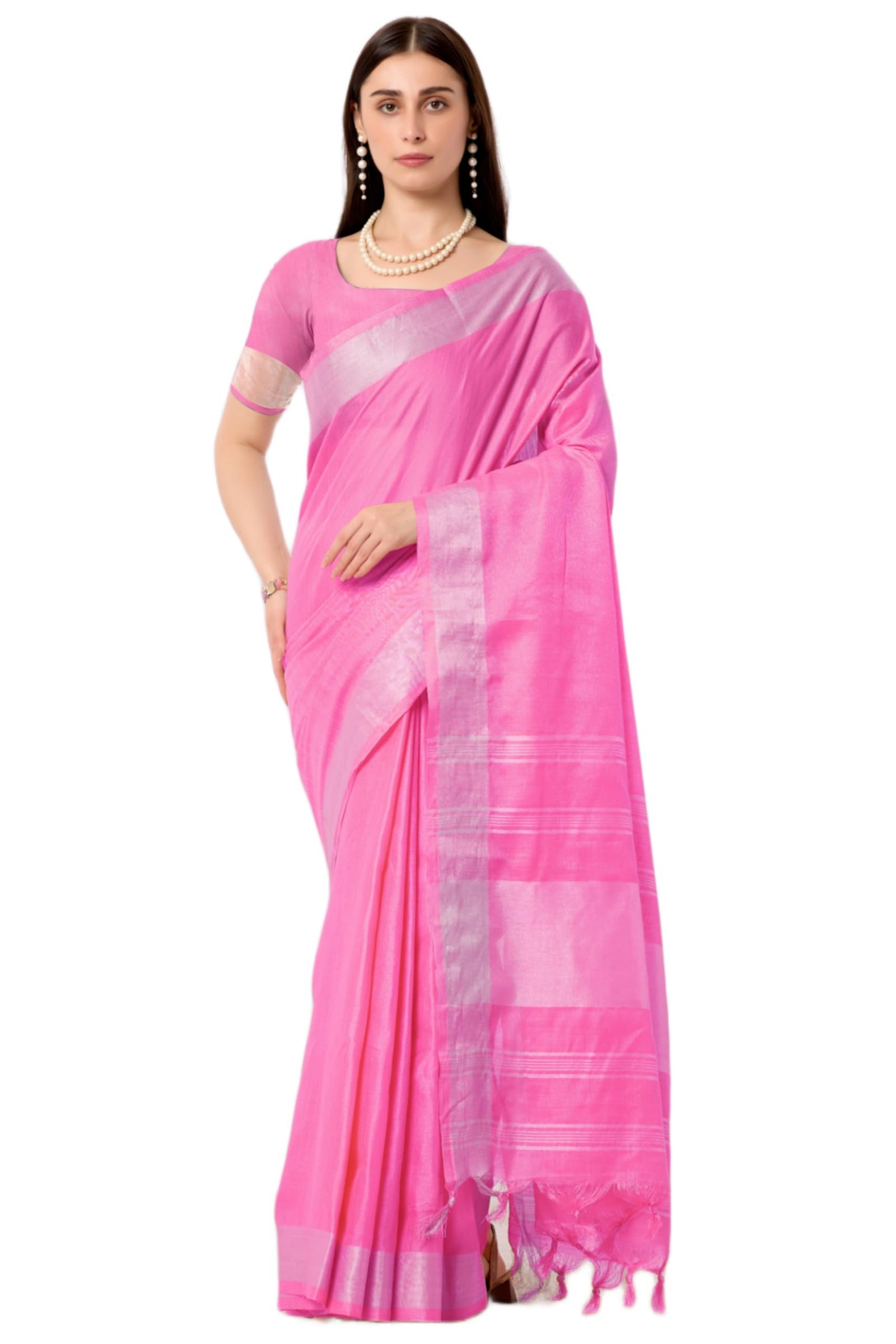 StyleScope Women’s Cotton Blend Saree With Tassels & Unstitched Blouse Piece (Single Line_Free Size)