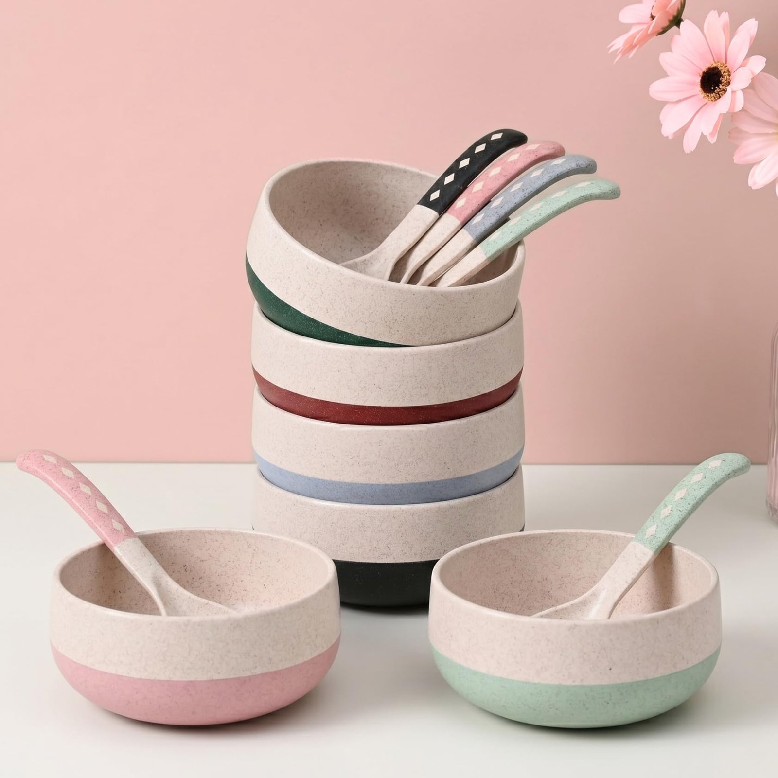 Eha Earth-Friendly Soup Bowls with Spoons Set of 6 | 250 ml | Made with Rice Husk Biocomposite | Microwave Safe Bowl | Serving Bowl Set | Multicolor