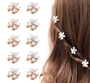 Korean Style Small Pearl Mini Hair Claw Clips with Flower Design, Sweet Artificial Decorative Hair Accessories for Women’s Girls Pack of 10 Pcs