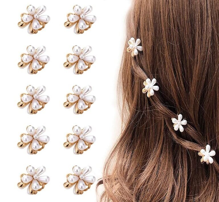 Korean Style Small Pearl Mini Hair Claw Clips with Flower Design, Sweet Artificial Decorative Hair Accessories for Women’s Girls Pack of 10 Pcs