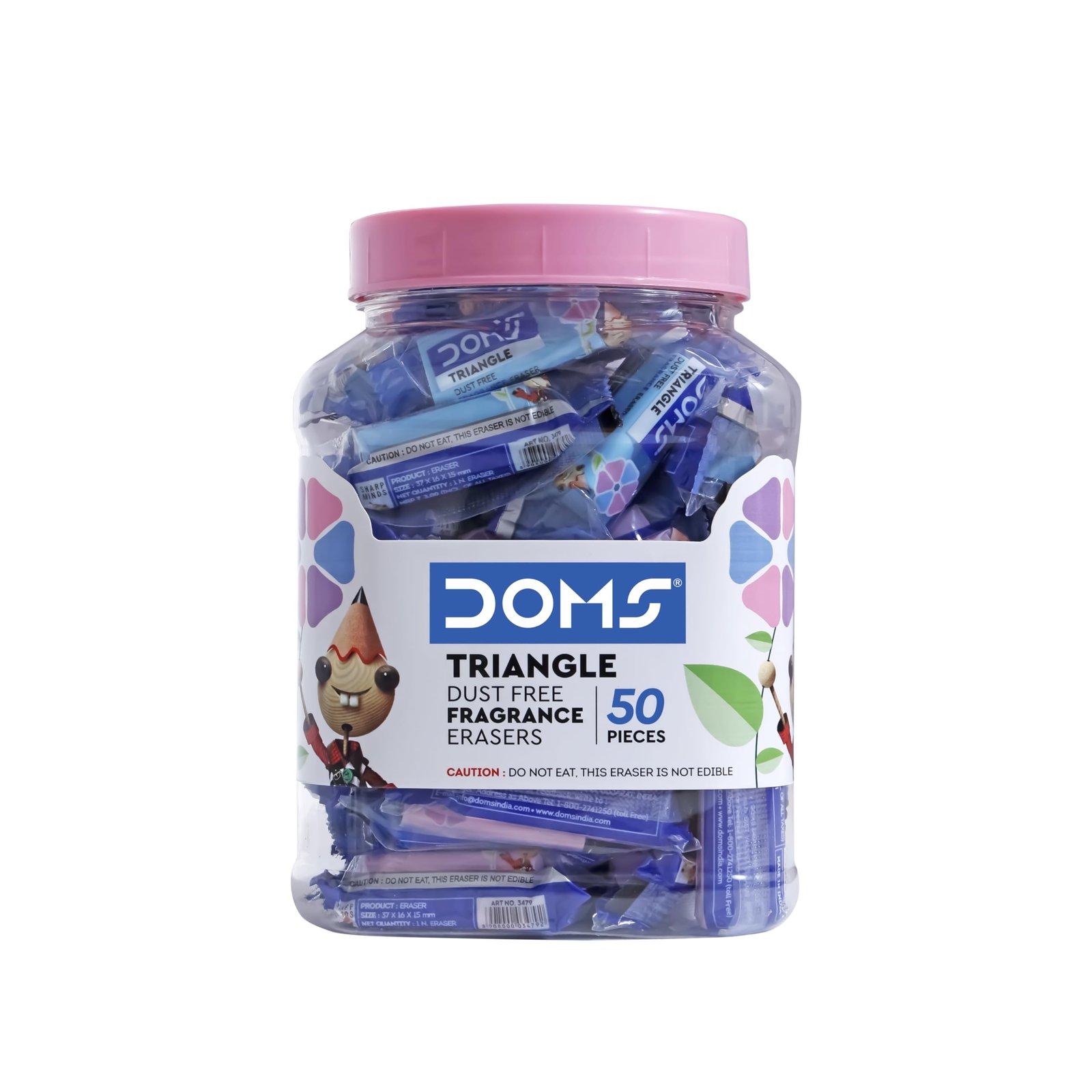 Doms Triangular Dust Free Fragrance Eraser Jar Pack | Clean, Dust Free & Good Erasing | Lesser Flakes & Non-messy Erasing | Always Catches People’s Eye | Pack of 50 Pieces
