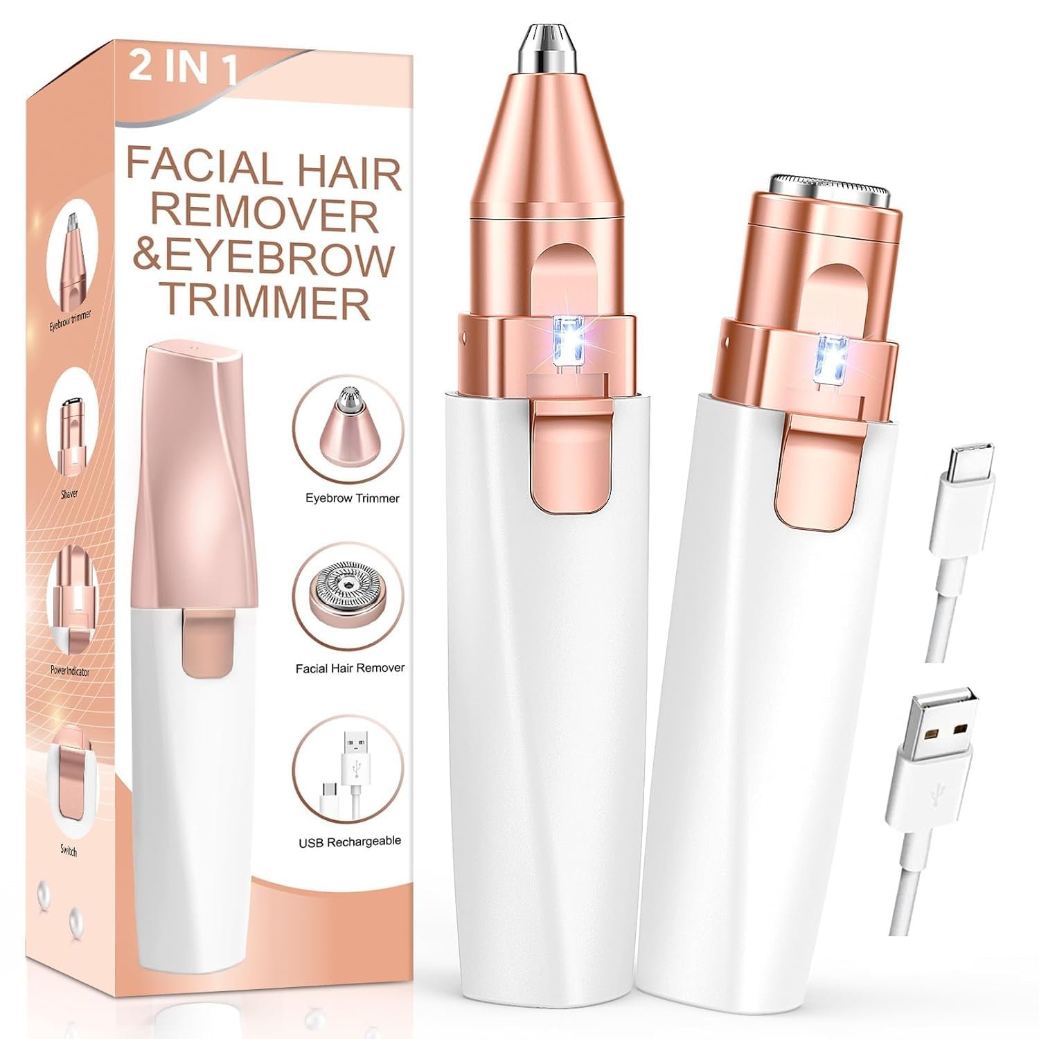 Painless 2 in 1 Rechargeable hair removal trimmer for women with Replaceable Heads, upper lip hair remover for women Eyebrow Razor face trimmer (Beige)
