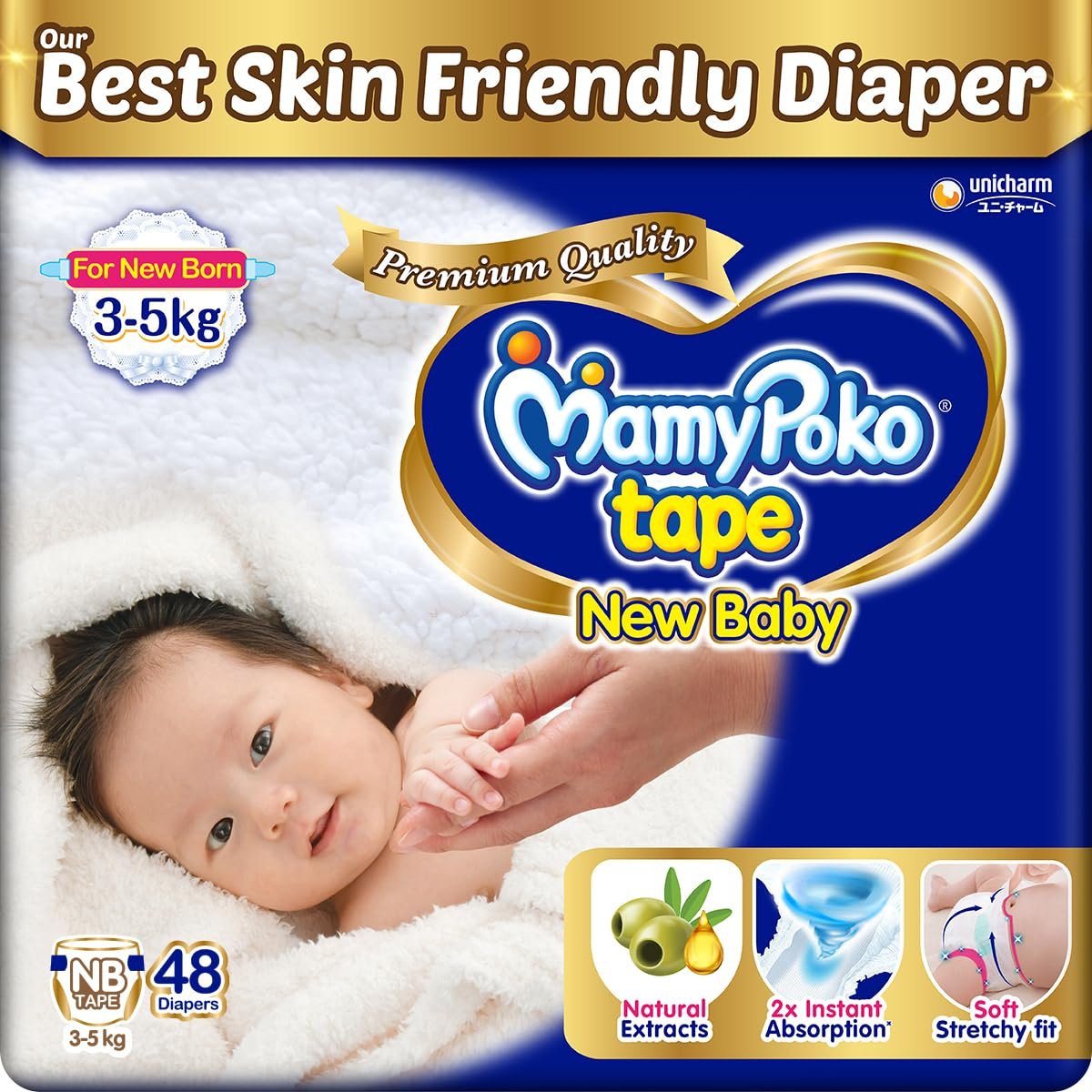 Mamypoko New Baby| Tape Style Baby Diapers, 48 Count, 3-5kg||2x Instant Absorption| Soft stretchy fit |Natural Extracts for Nourishment | Loose Stool Stopper, Wetness Indicator