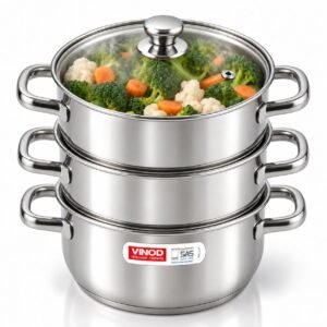 Vinod Steamer for Kitchen 3-Tier Stainless Steel with Glass Lid – 18 cm