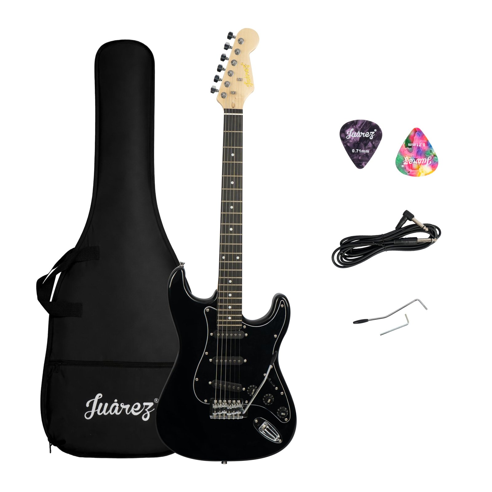 Juarez Electric Guitar 38″ Strat Style, H-S-S Pickup, 21 Frets, Full Black Gloss Finish, Maple Neck, Rosewood Fingerboard, Chrome Hardware – with Bag, Tremolo Rod, Cable, Picks & Allen Key