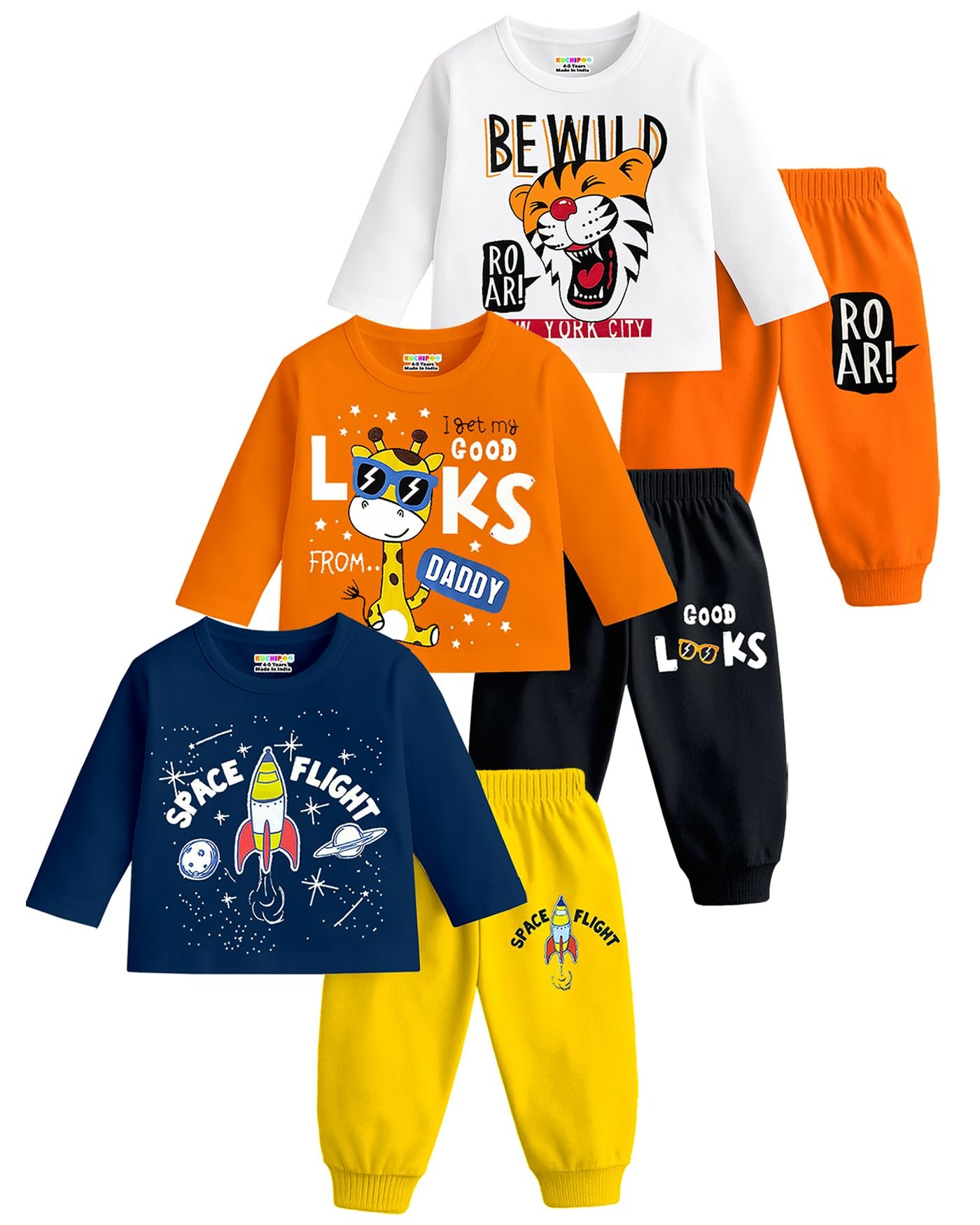 Kuchipoo Boys Regular Fit Cotton T-Shirts and Pyjamas Clothing Set-Pack of 3