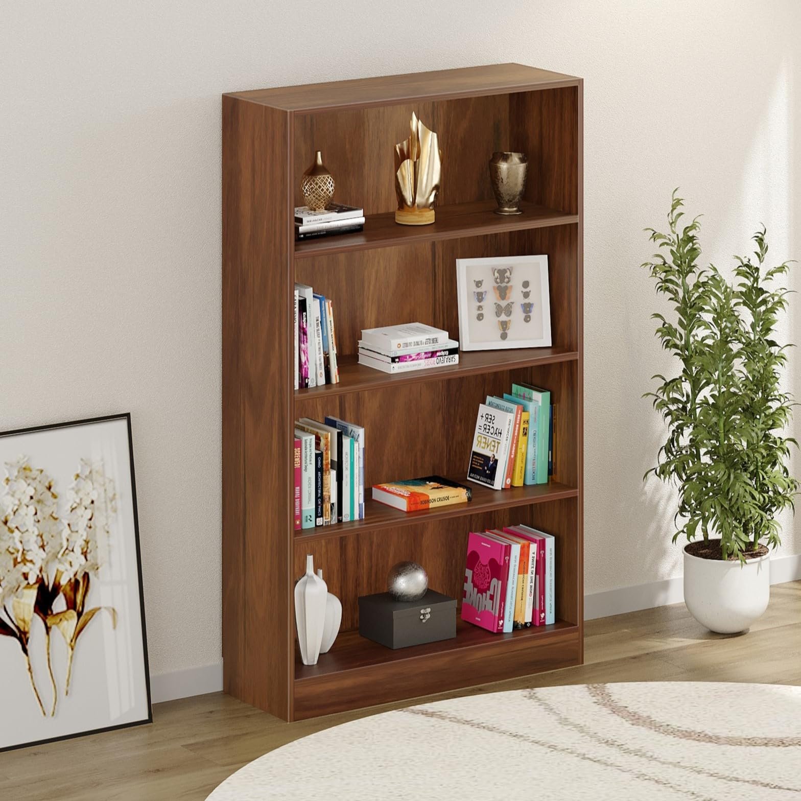 BLUEWUD Alex Multi Layer Wide & Narrow Design Bookshelf Filing Cabinet Books Rack Organizer for Décor Display Wall Mount Floor Standing for Home Library (Brown Maple, Alex 4-Layer)