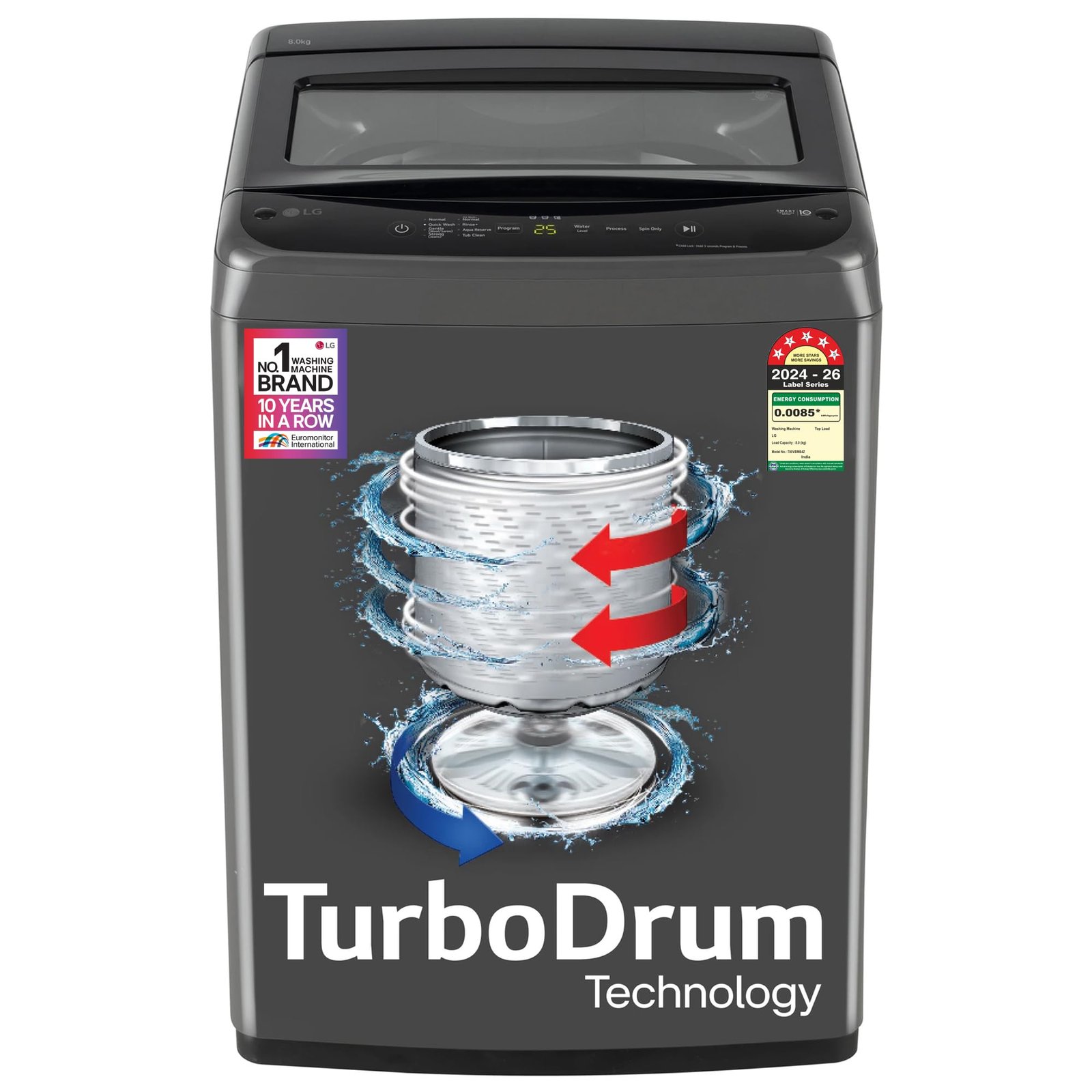 LG 8 Kg 5 Star Smart Inverter Technology Fully Automatic Top Load Washing Machine (T80VBMB4Z, Turbodrum, Auto Prewash, Stainless Steel drum, LED Display, Smart Diagnosis, Middle Black)