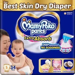 MamyPoko Pants Extra Absorb Baby Diapers, Small (S size), 4-8 kg, 34 Count, Deep Sleep Diapers, Soft gentle fit, Deep Absorbent Crisscross, skin friendly with coconut oil