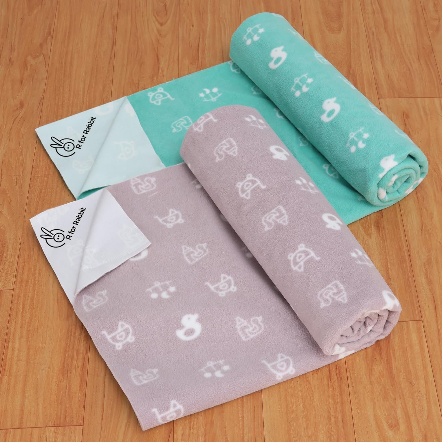 R for Rabbit Waterproof Quick Dry Sheet for Baby | Anti-Piling Fleece Breatheable Fabric Extra Absorbent Instant Dry Baby Bed/Cot Protector Mat (Size-S,Green-Grey,Pack of 2 Combo)