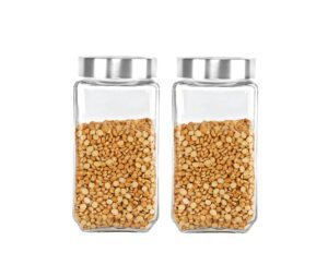 CELLO Qube Fresh Glass Storage Jar for Kitchen Set of 2 Pcs, 1000ml Transparent | Fridge Safe Airtight Leadfree Toughened Glass Kitchen Storage Containers Set For Beans, Whole Grains Spices Dry Fruits