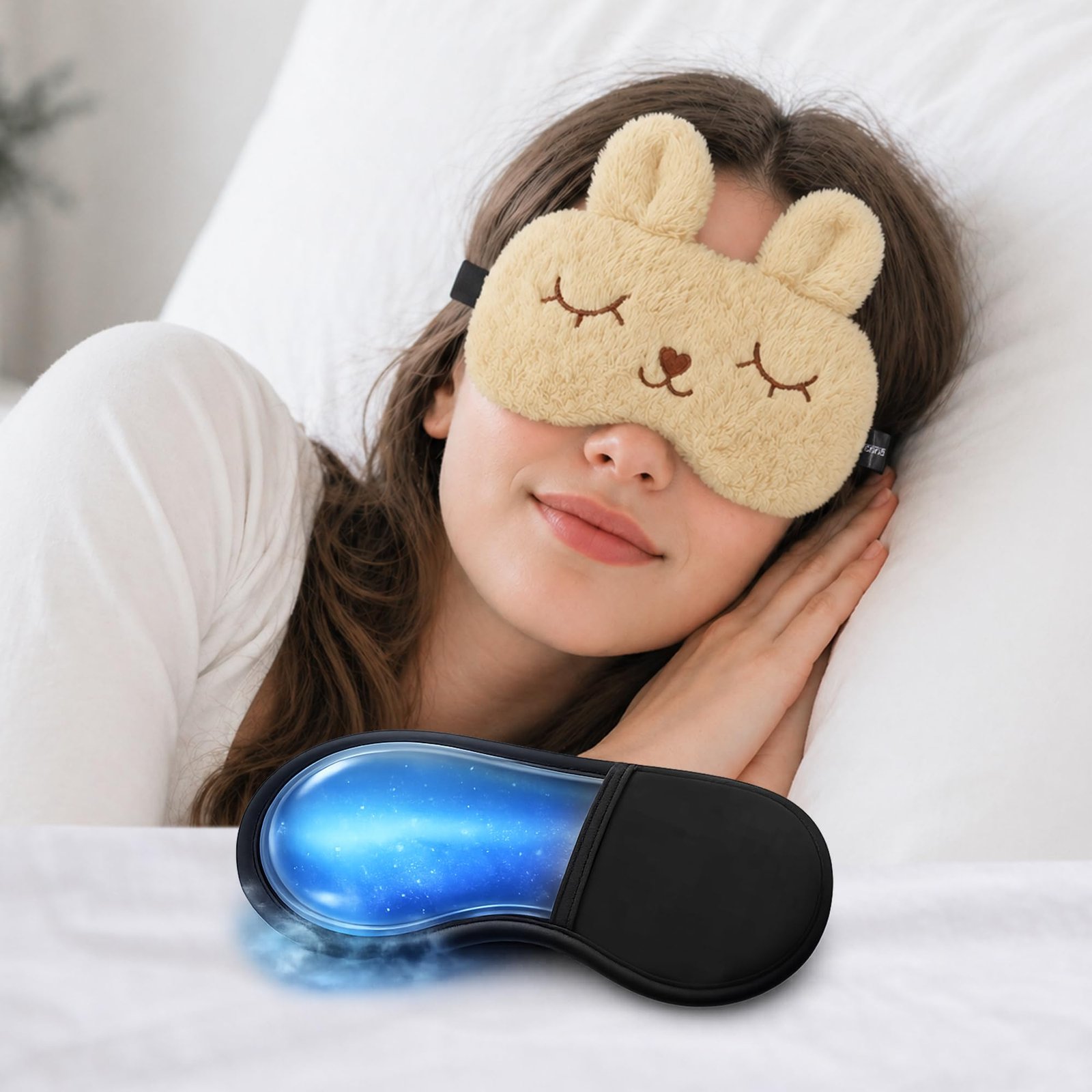 Jenna Bunny Plush Sleep Mask with Removable Cooling Gel Insert and Soft Elastic Head Strap | Light-Blocking Eye Cover for Women and Girls, Suitable for Home, Office Naps (Beige)