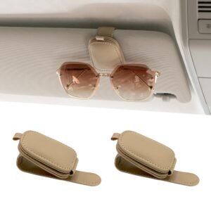 Yuoyar 2 Packs Sunglasses Holders for Car Visor – Magnetic Leather Sunglasses Holder and Ticket Card Clip – Car Visor Accessories (Beige)
