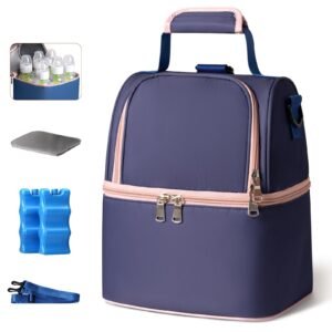 NCVI Breastmilk Cooler Bag with Ice Pack-Double Layer Fits 6 Bottles, Up to 9 Ounces for Nursing Mother Breast Pump Bag Backpack (Purple)