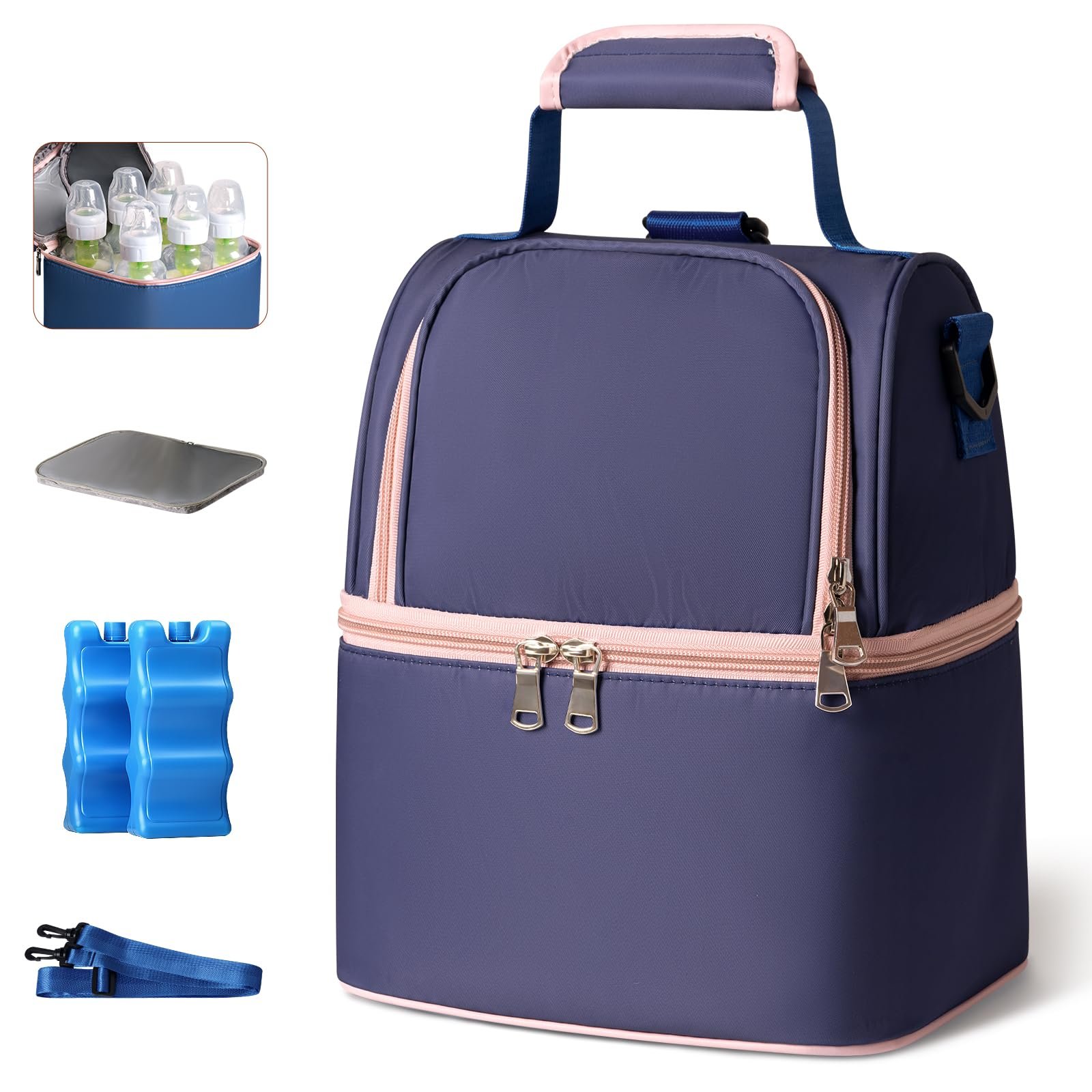 NCVI Breastmilk Cooler Bag with Ice Pack-Double Layer Fits 6 Bottles, Up to 9 Ounces for Nursing Mother Breast Pump Bag Backpack (Purple)