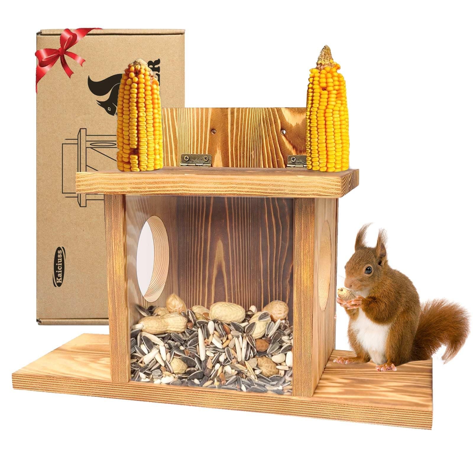 Carbonized Wooden Squirrel Feeder for Outside, Wood Squirrel Feeding Table, Sturdy Squirrel Feeding House with Thickness 1.5CM Wood, Top Lid Opens for Easy Filling of Peanuts and Corn