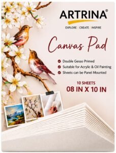 Artrina Canvas Pad for Acrylic and Oil Painting, 100% Cotton, Double Gesso Primed, Medium Grain, Acid Free, 10 Sheets, White, 8 x 10 Inch, for Beginners, Students and Professional Artists
