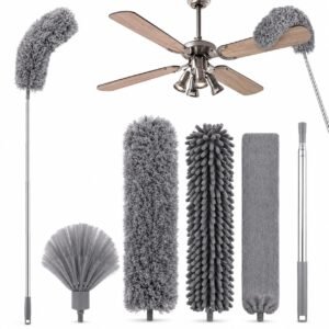 Dishmatic 4 in 1 Long Handle Microfiber Feather Ceiling Duster with Extendable Pole 30-100 Inch with Anti Scratch Bendable Head for Cleaning High Cobweb Stick High Ceiling Fan – Stainless Steel