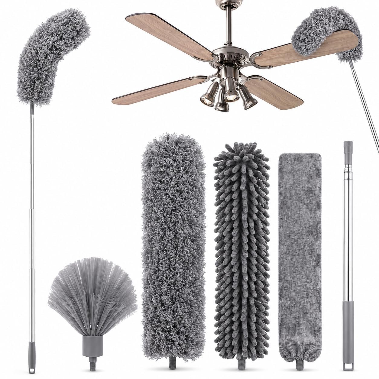 Dishmatic 4 in 1 Long Handle Microfiber Feather Ceiling Duster with Extendable Pole 30-100 Inch with Anti Scratch Bendable Head for Cleaning High Cobweb Stick High Ceiling Fan – Stainless Steel