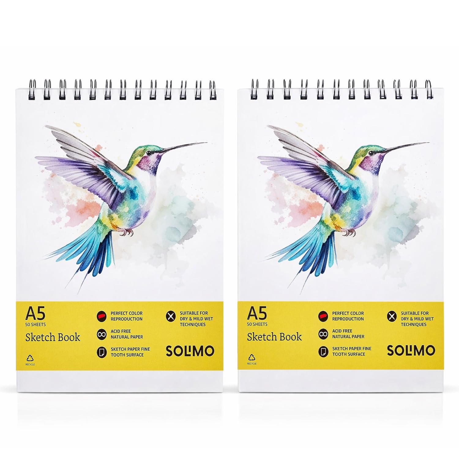 Amazon Brand – Solimo Sketchbooks, Spiral-Bound, Mini Size, Professional-Grade Sheets, Compatible with a Range of Art Material (A5, Set of 2) Paper, Acrylic