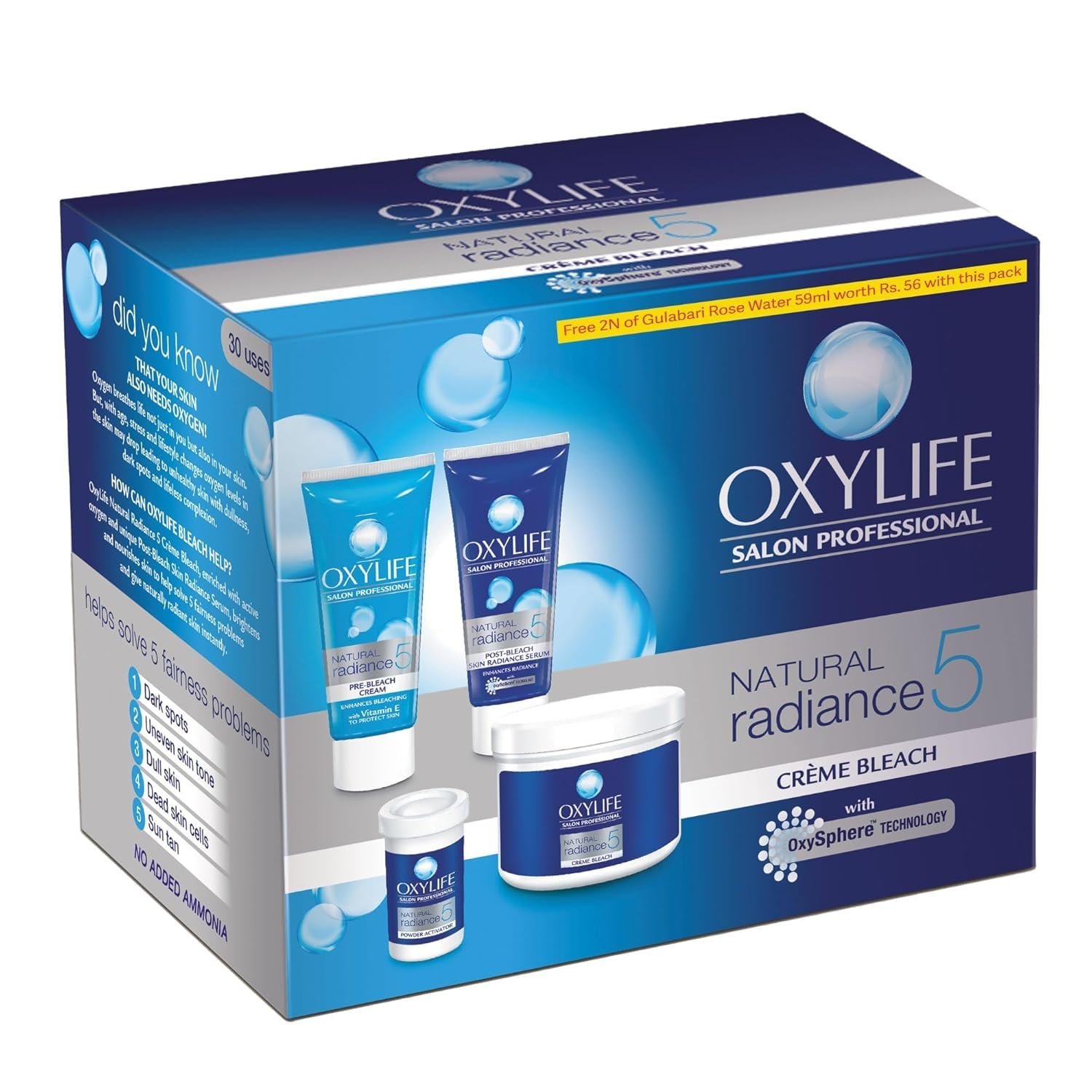 Oxylife Salon Professional Natural Radiance 5 Crème Bleach – 310g | Oxysphere Technology for Radiant & Even Skin Tone | Enriched with Vitamin E & Glycerine | Fights 5 Skin Problems