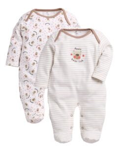 BABYGO Baby Boys & Baby Girls Cotton Full Sleeve Sleepsuit Pack of 2 | Newborn Infant Romper Jumpsuit with Snap Buttons | Soft Breathable Onesie Set | Cute Bear Print & Striped Design