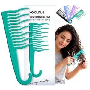 XO Curls Shower detangling hair comb, Wide tooth comb, Comb with hook for easy hanging in shower, Gentle on Scalp, Hair comb for with curly & wavy hair – Green (Pack of 1)